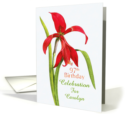 Jubilant Red Lily 97th Birthday Party Invitation, Custom Name card