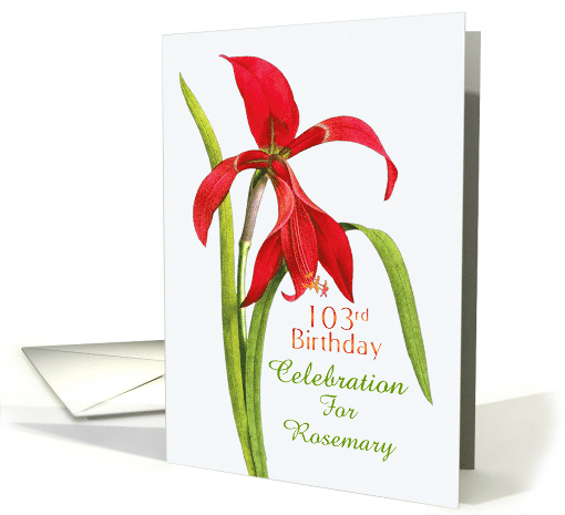 Jubilant Red Lily 103rd Birthday Party Invitation, Custom Name card