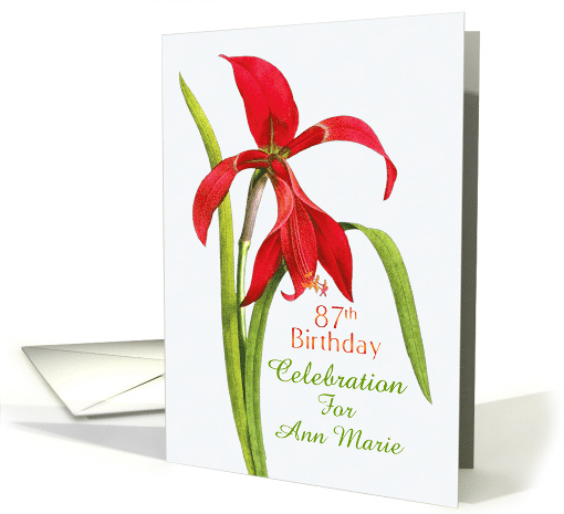 Beautiful Red Lily 87th Birthday Party Invitation, Custom Name card