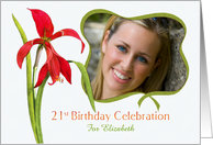 Elegant Red Lily 21st Birthday Party Invitation, Custom Photo and Name card