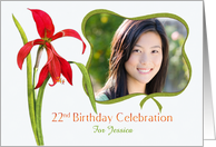 Elegant Red Lily 22nd Birthday Party Invitation, Custom Photo and Name card