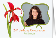 Elegant Red Lily 24th Birthday Party Invitation, Custom Photo and Name card