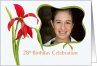 Elegant Red Lily 28th Birthday Party Invitation, Custom Photo and Name card