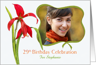 Elegant Red Lily 29th Birthday Party Invitation, Custom Photo and Name card