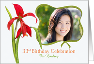 Elegant Red Lily 33rd Birthday Party Invitation, Custom Photo and Name card