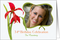 Elegant Red Lily 34th Birthday Party Invitation, Custom Photo and Name card
