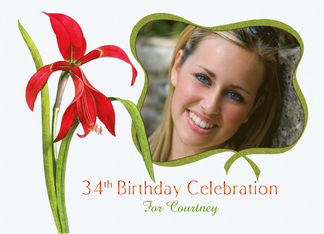 Elegant Red Lily 34th Birthday Party Invitation, Custom Photo and Name
