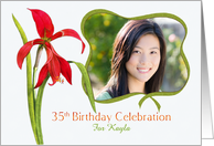 Elegant Red Lily 35th Birthday Party Invitation, Custom Photo and Name card