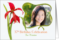 Elegant Red Lily 37th Birthday Party Invitation, Custom Photo and Name card