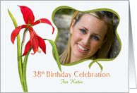 Elegant Red Lily 38th Birthday Party Invitation, Custom Photo and Name card