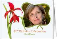 Elegant Red Lily 40th Birthday Party Invitation, Custom Photo and Name card