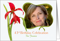 Elegant Red Lily 43rd Birthday Party Invitation, Custom Photo and Name card