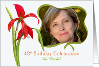 Elegant Red Lily 48th Birthday Party Invitation, Custom Photo and Name card