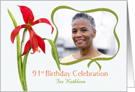 Lovely Red Lily 91st Birthday Party Invitation, Custom Photo and Name card