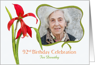 Lovely Red Lily 92nd Birthday Party Invitation, Custom Photo and Name card