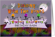 Swinging Halloween Birthday Party Invitation with Dancing Skeletons card