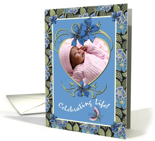 Birth Announcement Photo Card Girl Flowers and Heart card (608532)