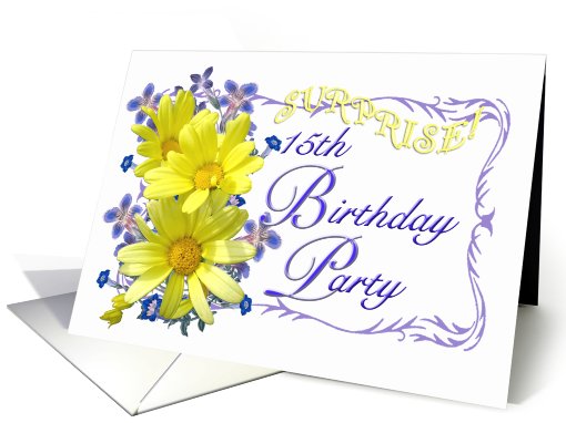 15th Surprise Birthday Party Invitations Yellow Daisy Bouquet card