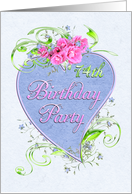 74th Birthday Party Pink Flowers Blue Heart Invitations card