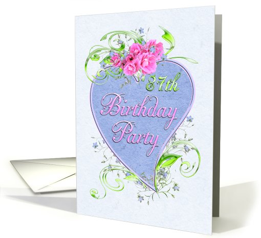 87th Birthday Party Pink Flowers Blue Heart Invitations card (816585)