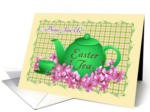 Easter Tea Invitation Pink Flowers, Green Teapot and... (914409)