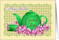 Easter Tea Invitation Pink Flowers, Green Teapot and Vintage Plaid card