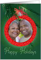 Red Lace Happy Holidays Ball Ornament Photo Card
