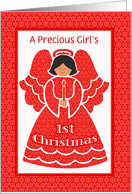 Custom Name 1st Christmas, Angel In Red Lace card