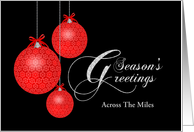 Season’s Greeting Across The Miles, Red Lace Ornaments. Customizable card