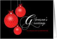Season’s Greeting Aunt and Partner, Red Lace Ornaments, Customizable card