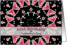 50th Birthday on Valentine’s Day, Three Pink Hearts Mandala card