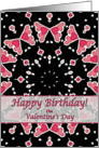 Happy Birthday on Valentine’s Day, Three Pink Hearts Mandala card