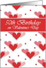 50th Birthday on Valentine’s Day, Three Red Pink and Rose Hearts card