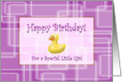 Happy Birthday for a Little Girl, Pink Geometric Pattern and Duck Toy card
