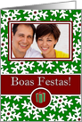 Portuguese Happy Holidays, Photo Card - Snow Crystals on Green card