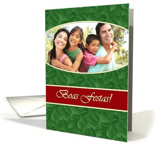 Portuguese Photo Card Christmas, Green Spruce and Red Stripe card