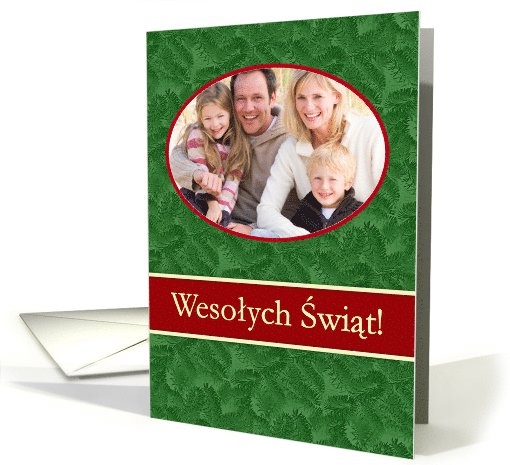 Polish Happy Holidays Photo Card, Green Spruce and Red Stripe card