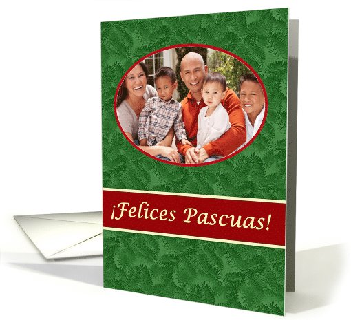 Spanish Happy Holidays Photo Card, Green Spruce and Red Stripe card