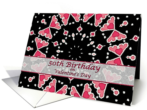 50th Birthday on Valentine's Day, Three Pink Hearts Mandala card