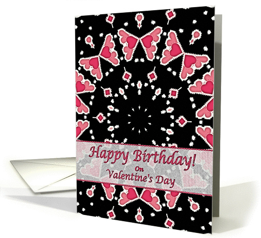 Happy Birthday on Valentine's Day, Three Pink Hearts Mandala card