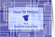 1st Birthday for a Boy, Blue Geometric Pattern and Babygrow card