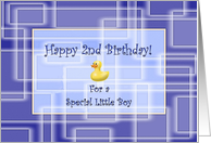 2nd Birthday for a Little Boy, Blue Geometric Pattern and Yellow Duck Toy card