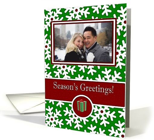 Christmas Season's Greetings, Photo Card - Snow Crystals on Green card