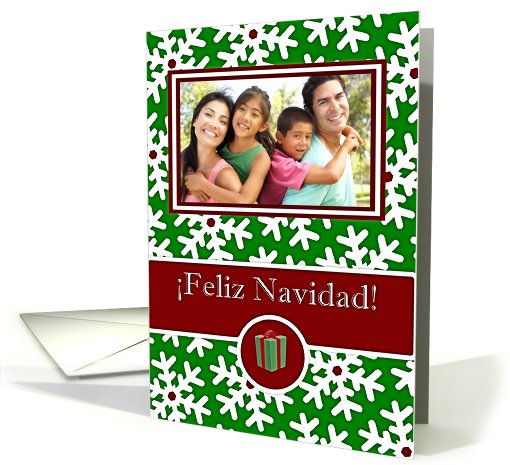 Spanish Feliz Navidad, Photo Card - Snow Crystals on Green card