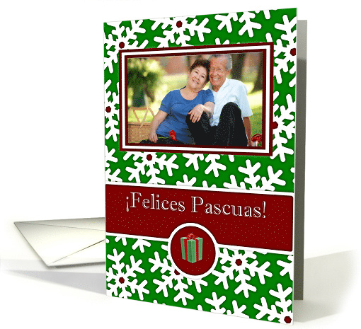 Spanish Felices Pascuas, Photo Card - Snow Crystals on Green card