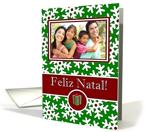 Portuguese Merry Christmas, Photo Card - Snow Crystals on Green card