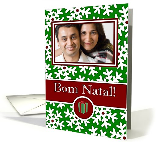Portuguese Bom Natal, Photo Card - Snow Crystals on Green card