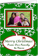 Christmas Photo Card Our Family to Yours, Green Snowflake Crystals card