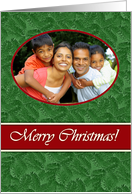Merry Christmas Photo Card, Green Spruce and Red Oval card