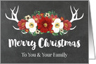 Chalkboard Rustic Antlers Vintage Red Flowers Merry Christmas card